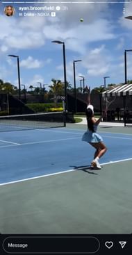 A still from Broomfield's video featuring the Canadian hitting a serve (Source: Instagram/Ayan Broomfield)